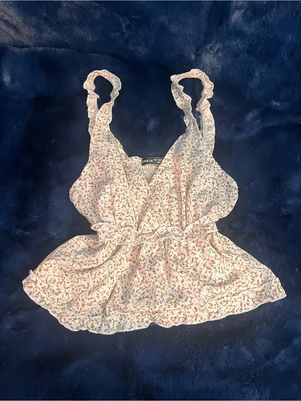SHEIN Cream Floral Ruffle Camisole with Pink & Green Print - Picture 1 of 2
